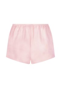 Roze satijnen shorts met een gladde textuur, voorzien van een elastische tailleband en een ontspannen pasvorm. Het ontwerp is eenvoudig zonder zichtbare patronen of hardware.