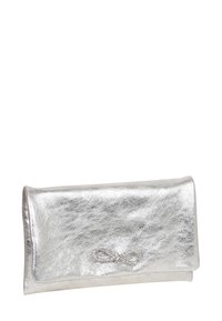 Silver metallic wallet with a textured finish, rectangular shape, flap closure, and a decorative silver bow detail on the front.