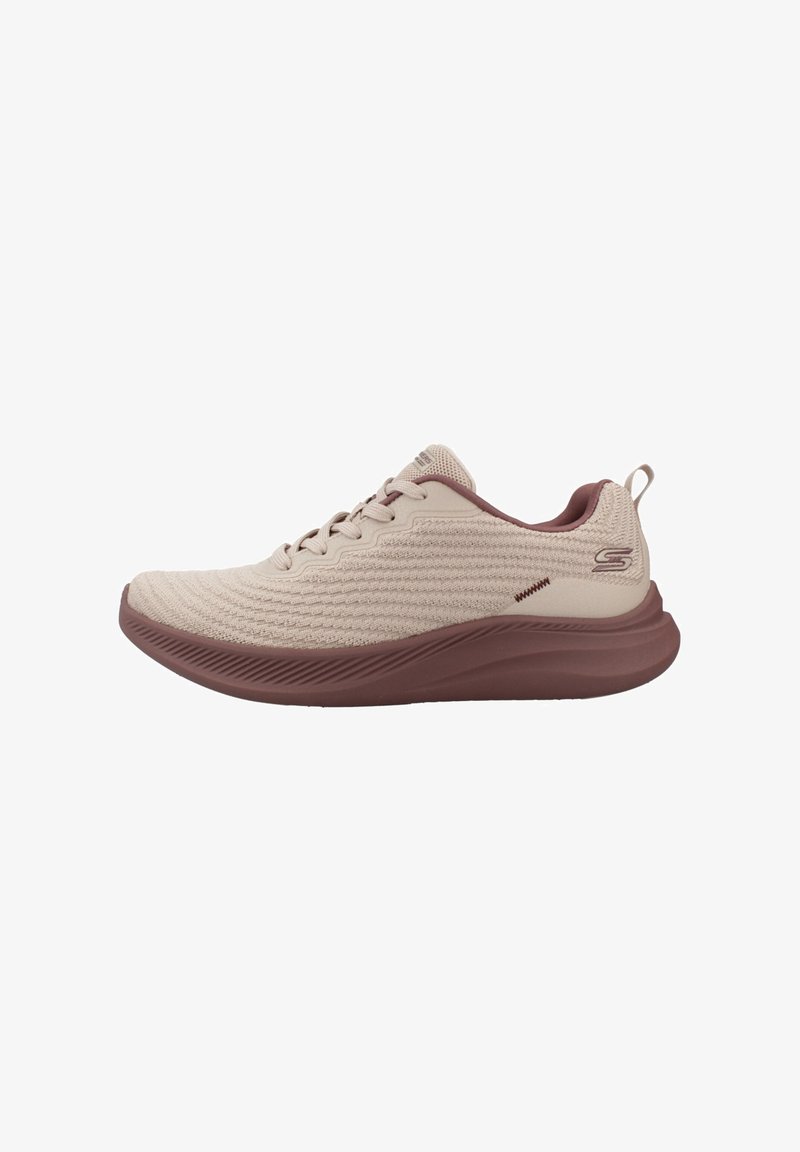 Beige athletic shoes with a textured knit upper, maroon accents, cushioned sole, and a pull tab at the heel for easy wear.