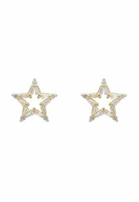 Gold-tone star-shaped earrings feature clear, geometric accents and round glittering stones at each point, creating a sparkling contrast.
