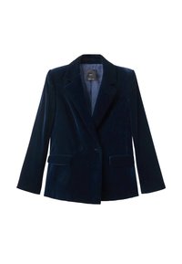 Blazer de terciopelo azul oscuro de doble botonadura con solapas de muesca, dos bolsillos frontales con solapa y mangas largas, dispuesto sobre un fondo blanco.