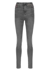 Chude dżinsy w ciemnoszarym deninie, z wysokim stanem, pięcioma kieszeniami i subtelnym przetarciem. Zapięcie na guziki i zamek z przodu.