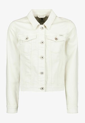 Weiße Denimjacke mit strukturiertem Design, ausgestattet mit einem Kragen, Fronttaschen und metallischen Knöpfen. Glatte Textur, taillierte Passform.