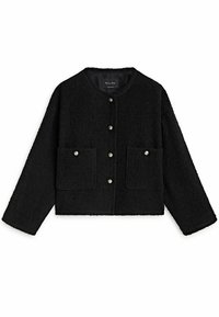 Svart kort jacka i texturerad tyg, med rund halsringning, silverfärgade knappstängningar och två frontfickor med klaffar.