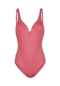 Maillot de bain une pièce côtelé en rose doux, avec un décolleté en V profond et des bretelles ajustables pour un ajustement personnalisé. Texture lisse sur l'ensemble.