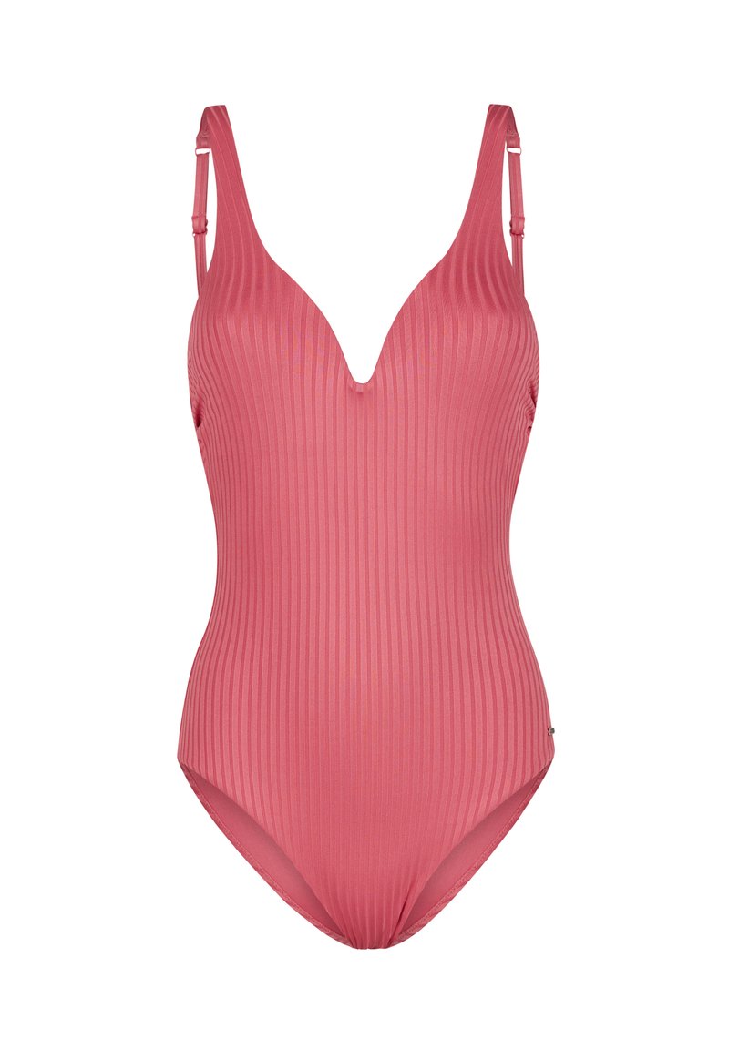 Maillot de bain une pièce côtelé en rose doux, avec un décolleté en V profond et des bretelles ajustables pour un ajustement personnalisé. Texture lisse sur l'ensemble.
