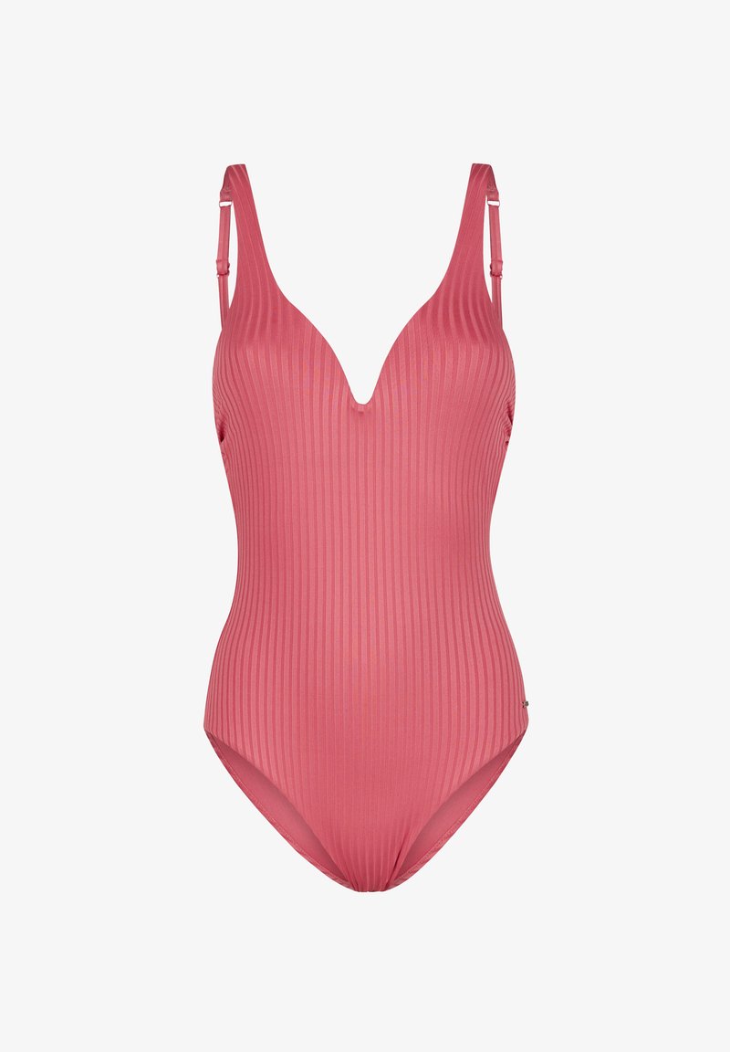 Maillot de bain une pièce côtelé en rose doux, avec un décolleté en V profond et des bretelles ajustables pour un ajustement personnalisé. Texture lisse sur l'ensemble.