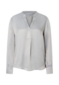 Hellgraue Seidenbluse mit klassischem Kragen, langen Ärmeln, plissiertem Vorderteil und geknöpften Manschetten. Glatte Textur und lockere Passform.