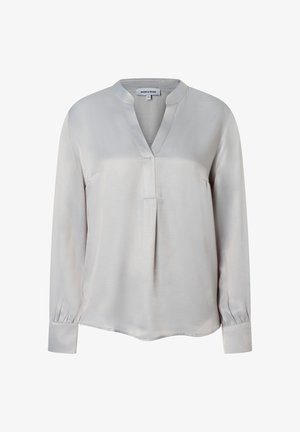 Hellgraue Seidenbluse mit klassischem Kragen, langen Ärmeln, plissiertem Vorderteil und geknöpften Manschetten. Glatte Textur und lockere Passform.