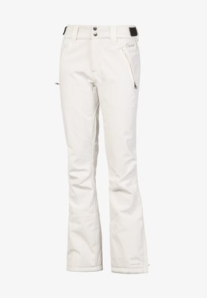 Białe spodnie narciarskie wykonane z wodoodpornego materiału, o dopasowanym kroju, z zamykanymi kieszeniami i wzmocnionymi dolnymi nogawkami dla większej wytrzymałości.