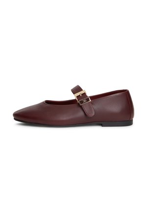 Chaussure Mary Jane plate marron foncé avec bout pointu et bride boucle dorée sur fond blanc.