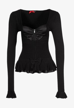 Schwarzes, langärmeliges, tailliertes Oberteil mit quadratischem Ausschnitt, Reißverschluss vorn, gerafftem Satinbustier, ausgestelltem Saum und Schleifendetail an der Taille.
