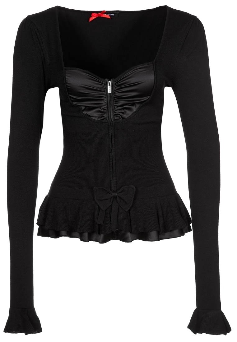 Mustat pitkähihaiset tiukat ykköset neliökauluksella, etuvetoketjulla, rypytetyllä satiinivyötäröllä, peplum-helmalla ja vyötäröllä olevan nauhadetaililla.