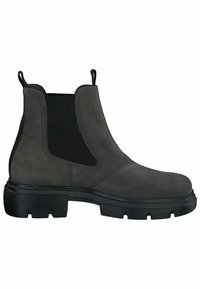 Bottes Chelsea en daim gris avec panneaux élastiques noirs, languettes de retrait et semelles en caoutchouc texturées. Présentent un design élégant à bout arrondi et une couture minimale.