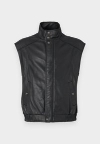 Μαύρο δερμάτινο γιλέκο με ψηλό γιακά, κλείσιμο με κουμπιά σνάπ, και δύο πλαϊνές τσέπες; διαθέτει εφαρμοστή μέση με ελαστικές λεπτομέρειες.