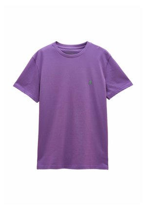 Purple short-sleeve crew neck t-shirt with small green embroidered logo on left chest, displayed on white background.