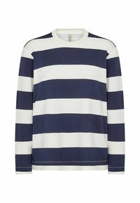 Pikad varrukad, ümar kaelusega särk tumesiniste ja valgete triipudega. Pehme puuvillane materjal, millel on sile tekstuur ja kontrastsed õmblused.