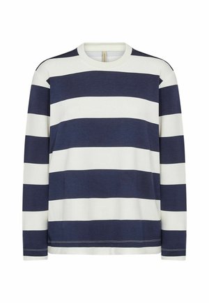 Tričko s dlouhým rukávem a kulatým výstřihem, v námořnické modři a bílých pruzích. Měkký bavlněný materiál s hladkou texturou a kontrastními švy.