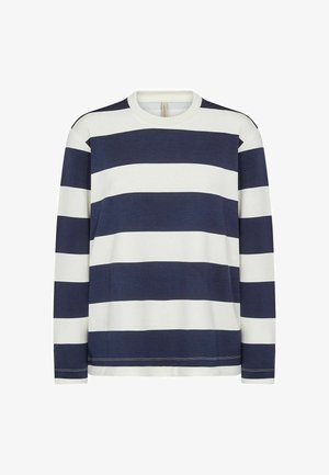 Long-sleeve, crew-neck shirt in navy blue and white stripes. Soft cotton material with a smooth texture and contrasting seams.