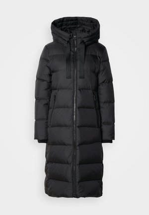 Black long puffer coat with a hood, featuring a front zip closure, two side pockets, and ribbed cuffs. Made of glossy, quilted fabric.