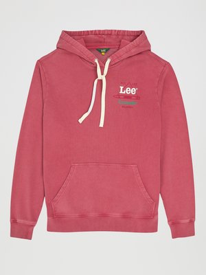 Hoodie in moerbeikleur, met een kangoeroezak, crèmekleurige trekkoorden en een bedrukt logo met een krijttekening.