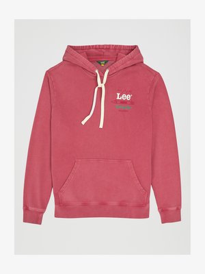 Hættetrøje i morbærfarve med en kængurulomme, cremede snore og et trykt logo med en kridttegning.