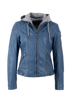 Blauwe leren jas met een grijze capuchon, ritssluiting aan de voorkant, twee zijzakken en gestikte details langs de schouders en mouwen.