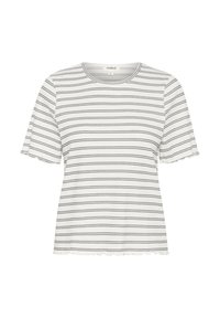 Top corto de manga corta blanco con rayas horizontales negras, escote redondo y dobladillo con volantes. Fabricado en material suave. Diseño casual.