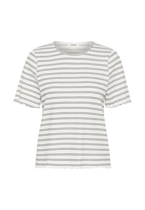 Top corto de manga corta blanco con rayas horizontales negras, escote redondo y dobladillo con volantes. Fabricado en material suave. Diseño casual.