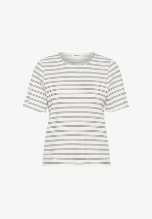Top bianco a maniche corte con strisce orizzontali nere, scollo rotondo e orlo arricciato. Realizzato in materiale morbido. Design casual.