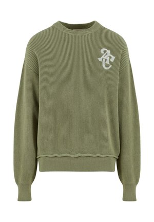 Pulover verde tricotat cu textură zimțată, guler rotund și tiv cu margini ondulate, având un logo alb pe partea stângă a pieptului.