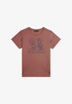 Maglietta marrone in cotone con contorni blu di Topolino e Minnie. Maniche corte, scollo rotondo, con testo stampato sotto la grafica.