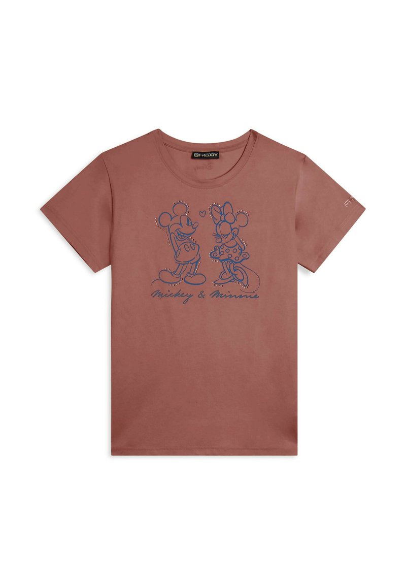 Camiseta de algodón marrón con contornos azules de Mickey y Minnie Mouse. Mangas cortas, cuello redondo, con texto impreso debajo del gráfico.