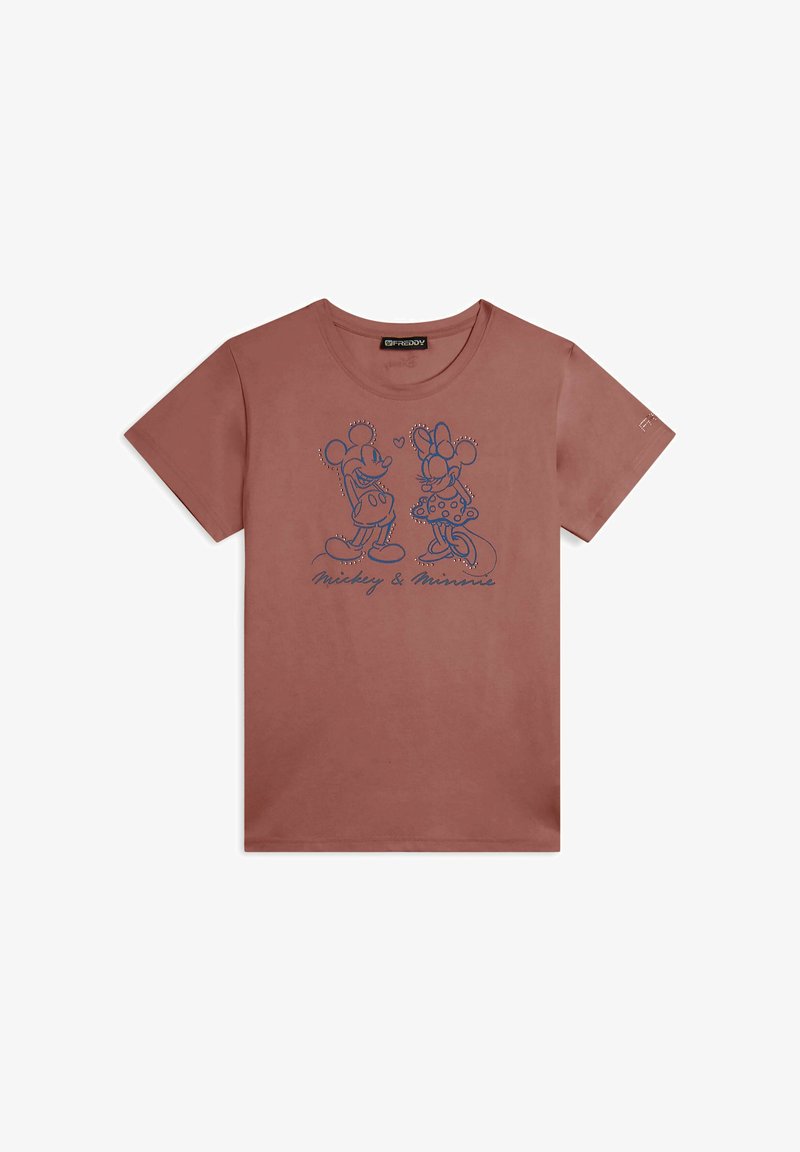 Camiseta de algodón marrón con contornos azules de Mickey y Minnie Mouse. Mangas cortas, cuello redondo, con texto impreso debajo del gráfico.