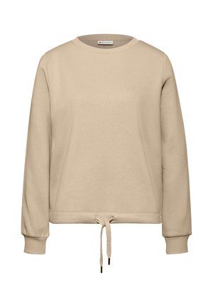 Beżowy sweter z długimi rękawami, okrągłym dekoltem i sznurkiem w dolnej części. Miękka tkanina o gładkiej fakturze, minimalistyczny design.