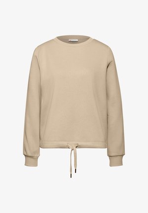 Sudadera beige con mangas largas, cuello redondo y cordón en el bajo. Tejido suave con una textura lisa, diseño minimalista.