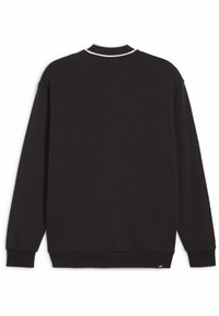 Sweat-shirt noir à manches longues, col côtelé avec une bordure blanche, et texture unie. Petit logo sur le côté inférieur gauche.