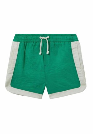 Grønne atletikshorts med hvide sidelister og kant, elastisk taljebånd og hvid snor.