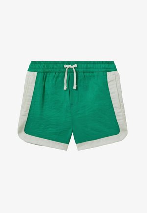 Grønne atletikshorts med hvide sidelister og kant, elastisk taljebånd og hvid snor.