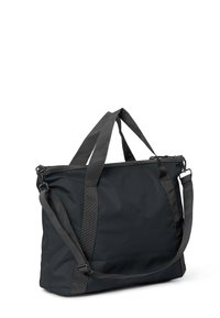 Schwarze Tragetasche mit doppelten Griffen und einem abnehmbaren Schultergurt, ausgestattet mit einem Reißverschluss und minimalistischem Design.
