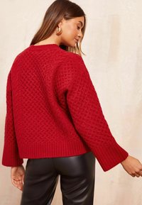 Roter Strickpullover mit strukturiertem Rautenmuster, weiten Ärmeln und geripptem Saum. Kombiniert mit schwarzen Kunstlederhosen.