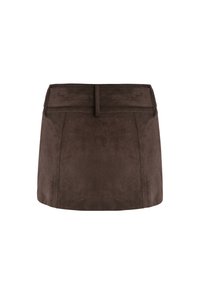 Mini-jupe en daim marron avec une taille structurée, comprenant deux coutures latérales et une texture lisse. Détails des coutures visibles à l'avant.