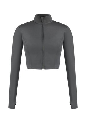 Graue, taillierte Sportjacke mit langen Ärmeln, hohem Kragen und Frontreißverschluss. Glattes, dehnbares Material ohne sichtbare Muster oder Akzente.