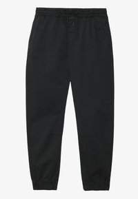 Black jogger pants with an elastic waistband, adjustable drawstring, side pockets, tapered legs, and elastic cuffs at the ankles.