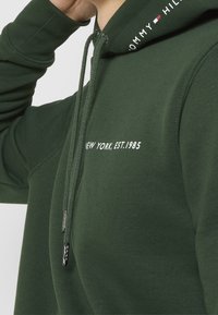 Green hoodie with drawstring, embroidered "TOMMY HILFIGER" at the hood, and "NEW YORK, EST.1985" on the chest. Smooth fabric texture.