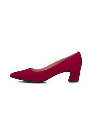 Red suede high-heeled shoe with a pointed toe and a block heel. Smooth texture with minimal detailing, featuring a black sole.
