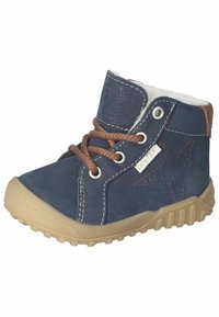 Stivale in pelle blu navy con motivo a stella marrone, lacci marroni e fodera interna morbida. Presenta una suola in gomma beige con grip testurizzato.