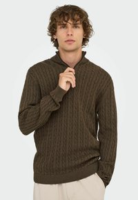 Joven con cabello rizado que lleva un suéter de punto trenzado marrón oscuro con cuello de media cremallera, de pie contra un fondo claro.