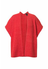 Röd stickad cardigan med öppen front, korta ärmar och en texturerad, ribbad mönster. Lättviktig och ostrukturad design framhäver enkelheten.