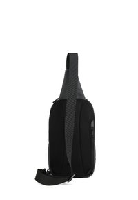 Schwarze Umhängetasche mit strukturierten Mesh-Oberfläche, verstellbarem Schulterriemen und schlankem Design. Mit seitlichem Reißverschluss und glatter, matter Fläche.